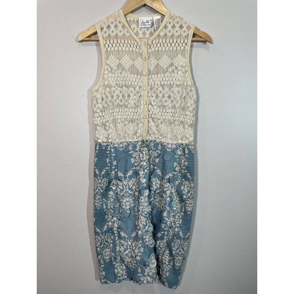 Byron Lars Dress 6P Beguile Laser Cut Lace Smocked Aqua Cream Dress Floral